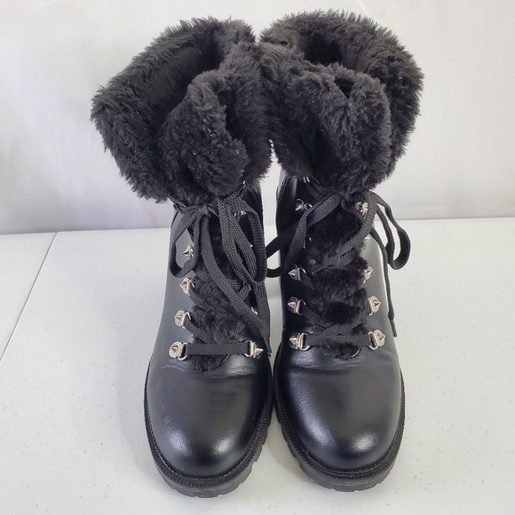 Guess Galway Leather Faux Fur Ankle Boot Size 10 Black Combat Bootie Lug Sole - Picture 2 of 15